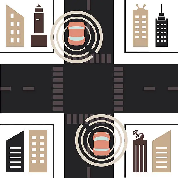 Vector illustration of Self Driving Cars Approach City Intersection from Above Flat Design