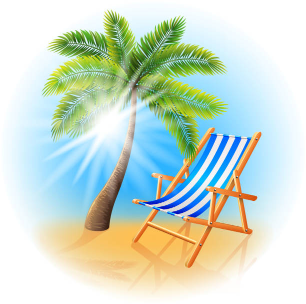 illustrations, cliparts, dessins animés et icônes de palmiers et transat seul sur blanc vecteur - beach tropical climate palm tree deck chair