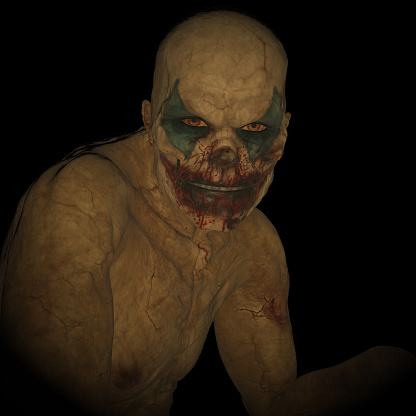 3D rendered bloody undead clown on black background isolated