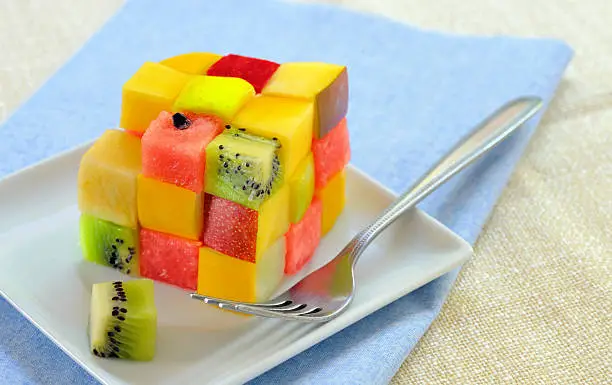 Healthy fruit salad Rubiks cube concept