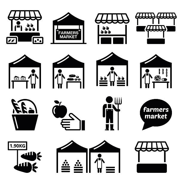 ilustraciones, imágenes clip art, dibujos animados e iconos de stock de mercado de agricultores, el mercado de comida con productos locales y frescos, los iconos conjunto - caseta