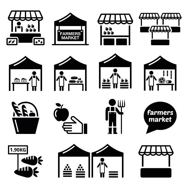 Farmers market, food market with fresh local produce icons set Vector icons set - market stalls selling fruit, vegetables, meat and dairy  farmer symbols stock illustrations