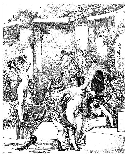 illustrazioni stock, clip art, cartoni animati e icone di tendenza di antica illustrazione di donne bagno in un pompei - veranda