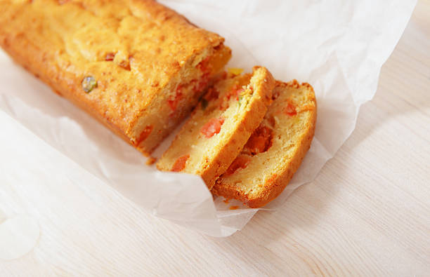 A freshly baked loaf of candied  fruitcake.