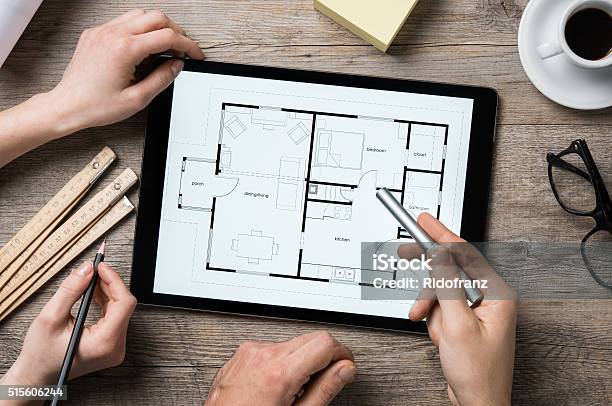 Architect Working On Digital Tablet Stock Photo - Download Image Now - Interior Designer, Plan - Document, Planning