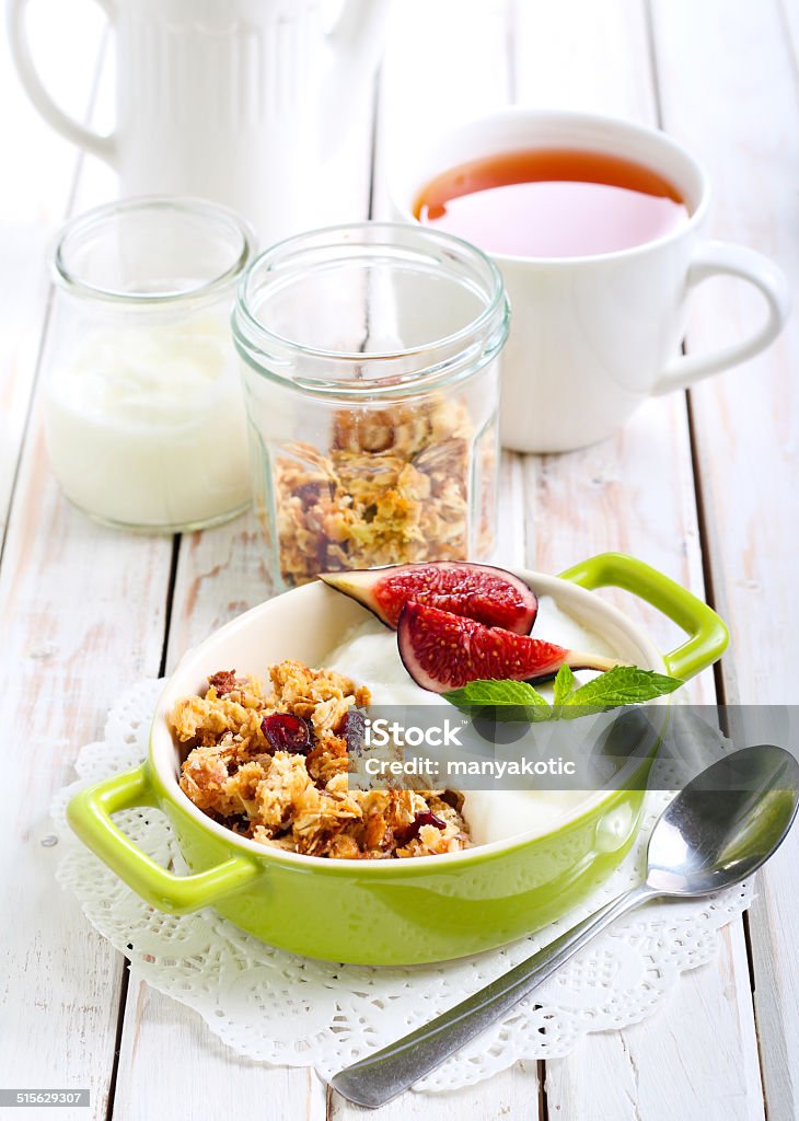 Homemade granola Homemade granola with yogurt, selective focus Breakfast Stock Photo