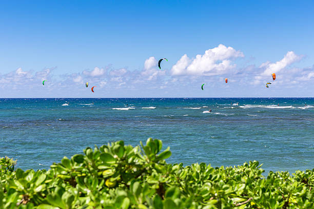 kitesurfen am mokuleia-strand, insel oahu, hawaii - surfing men hawaii islands wave stock-fotos und bilder