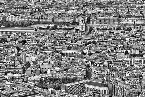 Paris, France - aerial city view with old architecture. UNESCO World Heritage Site.