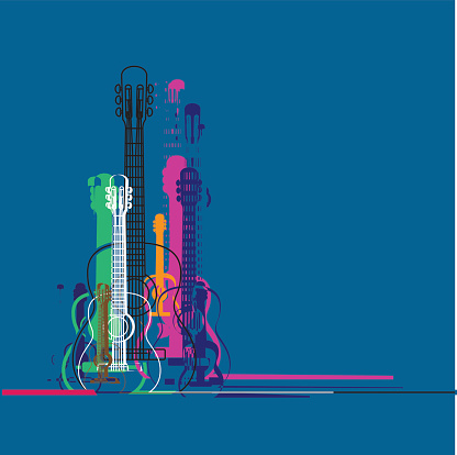 Guitars silhouette and linear colorful banner design , vibrant colorful classic guitar , place for text,concept illustration.