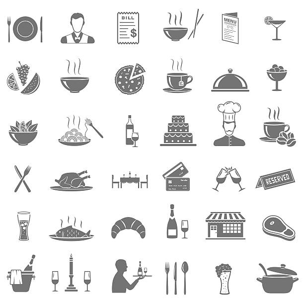 ресторан иконки набор - cupcake set food and drink metal stock illustrations