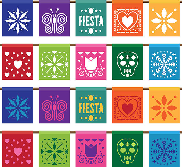 mexican paper bunting traditional mexican style paper bunting in two styles, isolated on white butterfly purple blue isolated stock illustrations