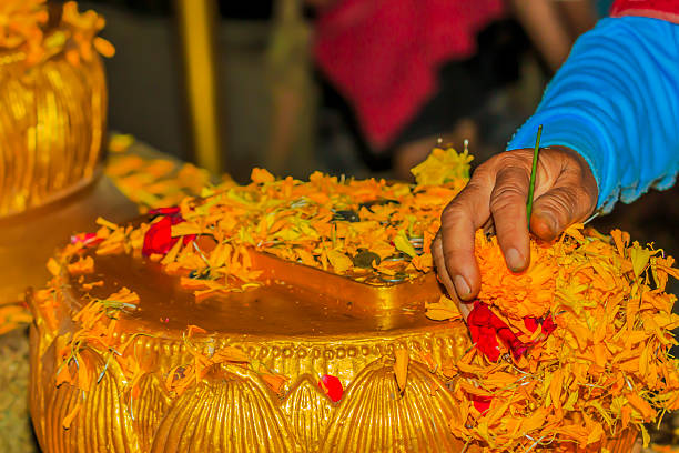 istock yellow worship flowers with women hand 515646078