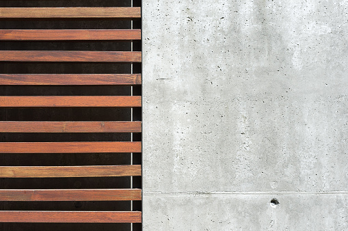 exposed concrete with wooden facade elements, detail facade modern outdoor, minimalist facade