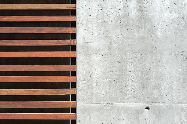 exposed concrete with wooden facade elements, detail facade modern outdoor, minimalist facade