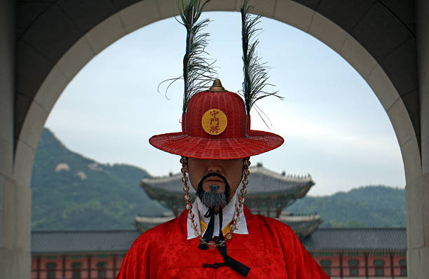 Soldiers of the Royal Guard at the change of the guard ceremony in Deoksugung Palace in Seoul, South Korea
