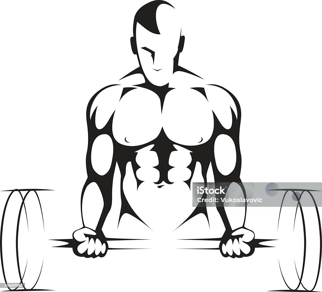 Body builder Gym symbol Young man exercising with weights. Vector illustration, vynil ready. Body Building stock vector