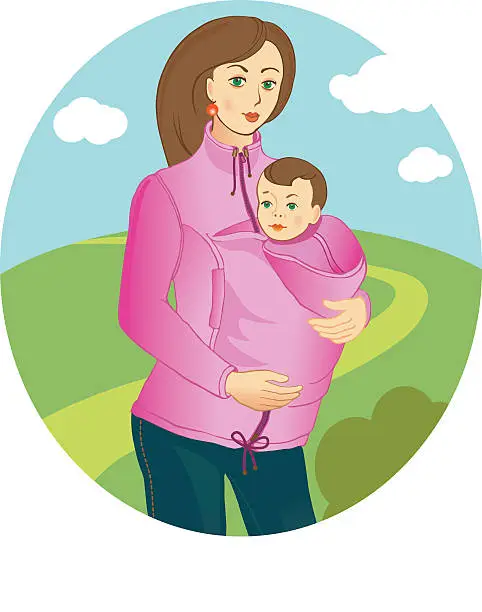 Vector illustration of Mom in a carrying jacket walking