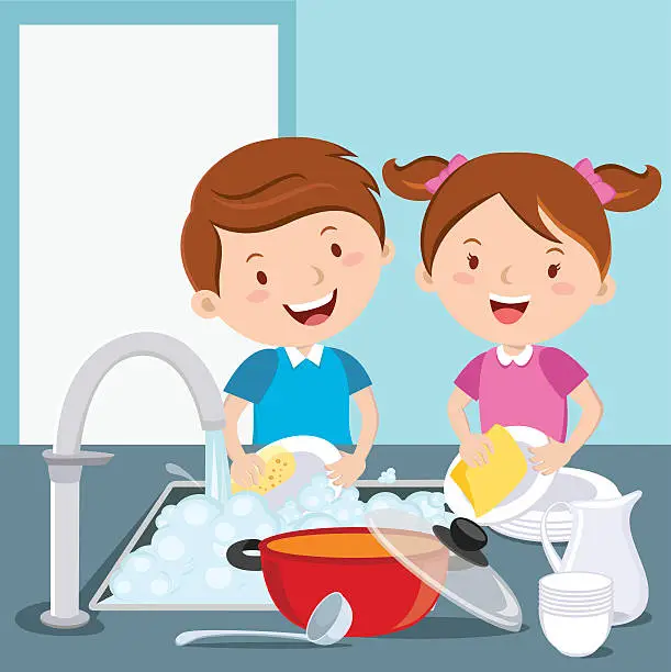 Vector illustration of Kids washing dishes