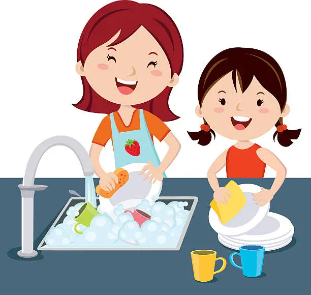 Vector illustration of Children washing dishes