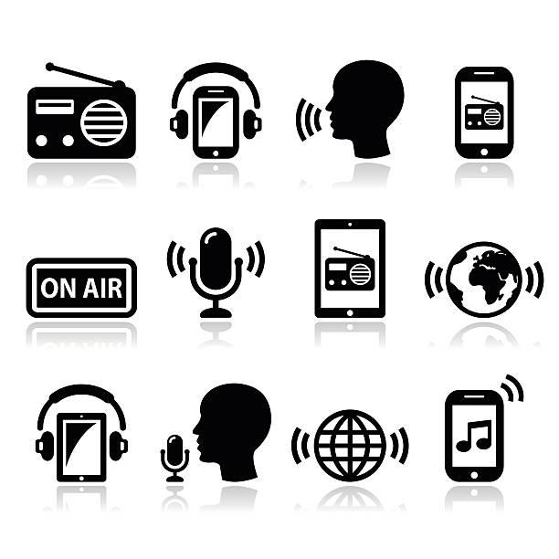 ilustrações de stock, clip art, desenhos animados e ícones de rádio, podcast app no smartphone e tablet conjunto de ícones - information medium