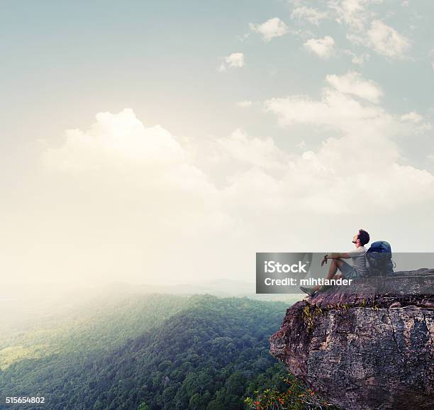 Hiker Relaxing On The Rock Stock Photo - Download Image Now - Adventure, Mountain, Freedom