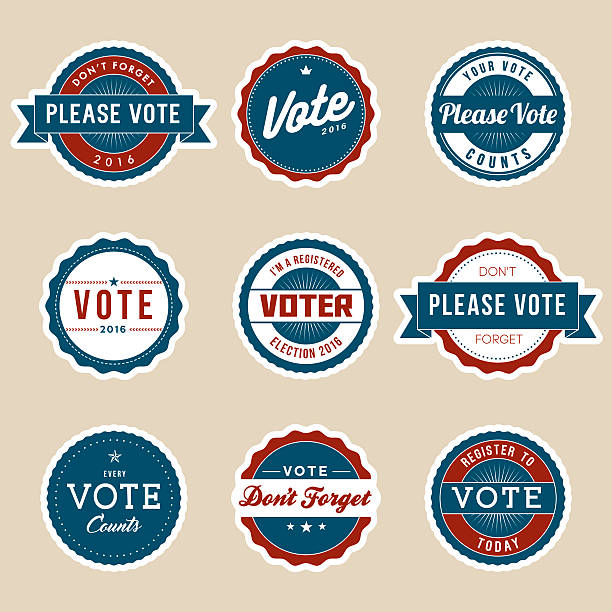 ilustraciones, imágenes clip art, dibujos animados e iconos de stock de estilo vintage electoral de la campaña electoral tarjetas - voting usa button politics