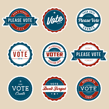 A set of nine different election and voting badges. Colours are global so they're easy to edit. Download includes a CMYK AI10 EPS vector file as well as a high resolution JPEG (sized a minimum of 1900 x 2800 pixels).