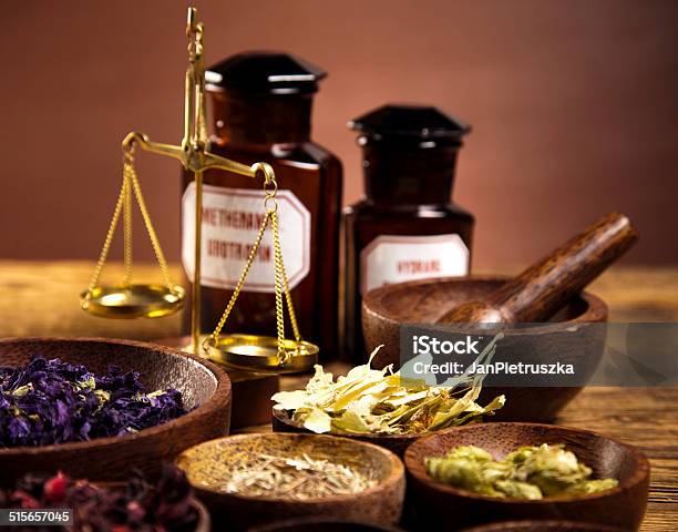 Medicine Bottles And Herbs Stock Photo - Download Image Now - Alchemy, Alternative Medicine, Amphora