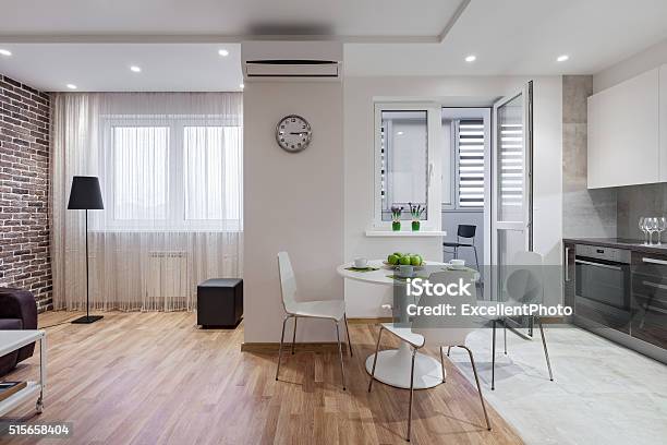 Interior Of Modern Apartment In Scandinavian Style With Kitchen Stock Photo - Download Image Now