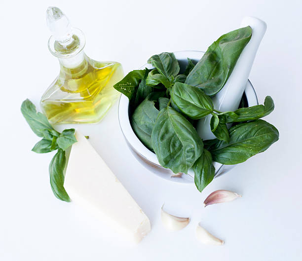 Ingredients for Pesto alla Genovese - basil, parmesan, garlic, o