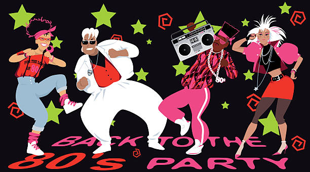 Back to the 80s party Group of people dressed in 1980s fashion dancing, EPS 8 vector illustration shoulder pads fashion stock illustrations