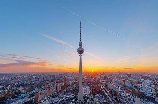 Beautiful sunset over downtown Berlin with the famous Television Tower