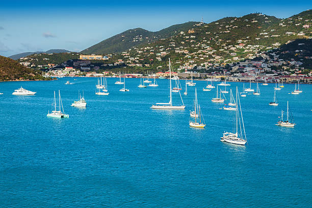 Harbor in St. Thomas, U.S. Virgin Islands, with sailboats and tropical island.