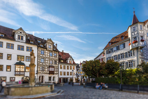 St. Gallen, Sankt Gallen, is the capital of the canton of St. Gallen in Switzerland. Its well maintained old town hosts the Abbey of Saint Gall, the main tourist attraction, a UNESCO World Heritage Site. (selective focus)
