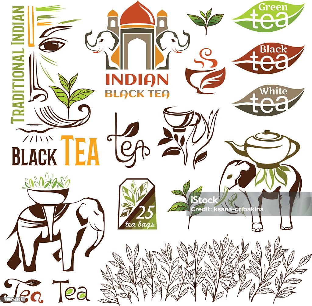 Indian Tea Sign Indian Green And Black Tea Logo Collection Stock Illustration ...