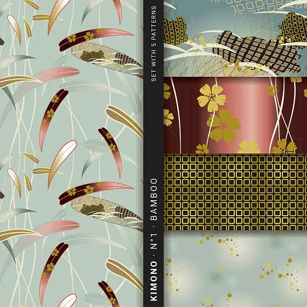 Vector illustration of Kimono Vol. 1 · Bamboo (Set with 5 seamless patterns)