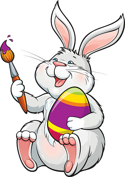 illustrazioni stock, clip art, cartoni animati e icone di tendenza di adorabile coniglietto felice con pennello vernici uovo di pasqua. - easter easter egg paintbrush holding