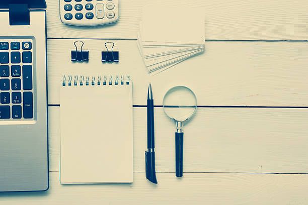 istock Office desk table with supplies. Top view. Copy space for 515677098