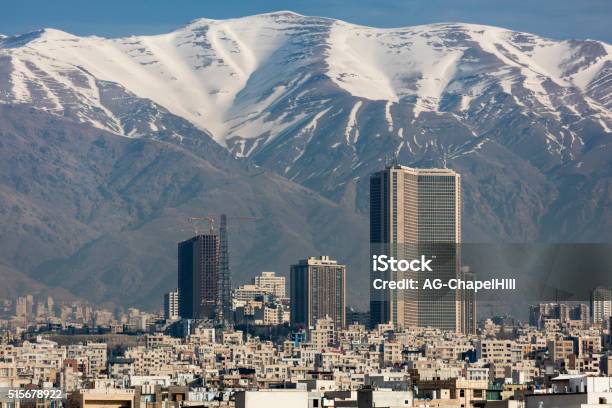 Skyline Of Tehran Below The Snowcapped Alborz Mountains Stock Photo - Download Image Now