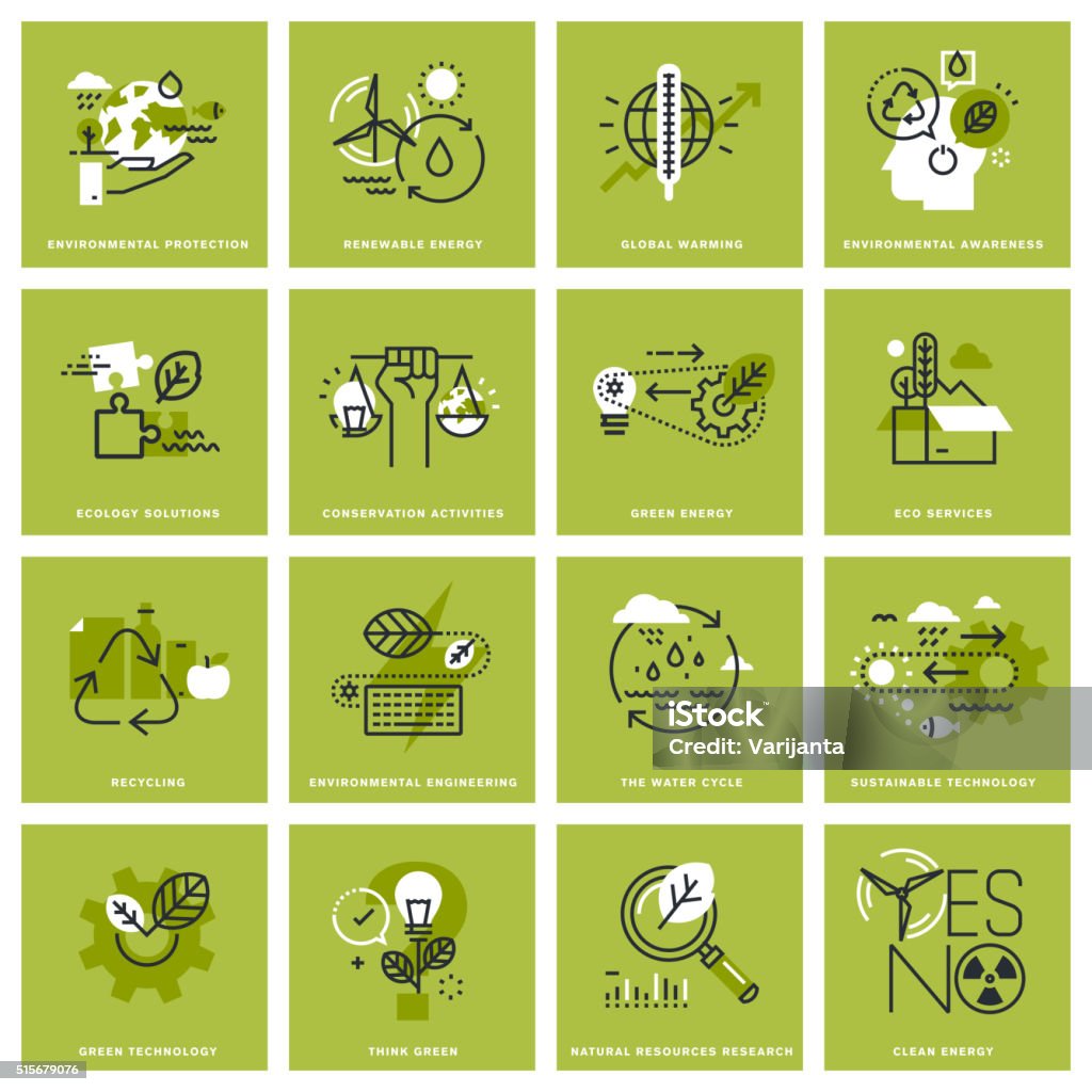 Set of thin line concept icons of environment Set of thin line concept icons of environment, renewable energy, sustainable technology, recycling, ecology solutions. Premium quality icons for website, mobile website and app design. Icon Symbol stock vector