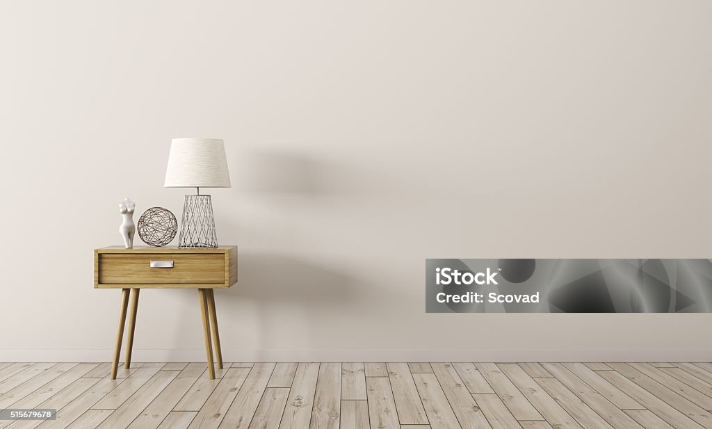 Con mesa de madera Interior Render 3D - Foto de stock de Mesita de luz libre de derechos