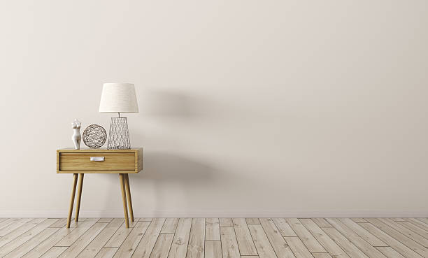 interno con tavolo in legno render 3d - side table foto e immagini stock