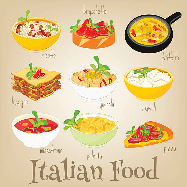 Italian Food Set Italian Traditional Food Set. Italian Cuisine. Food Collection. Vector Illustration. omelette on the plate stock illustrations