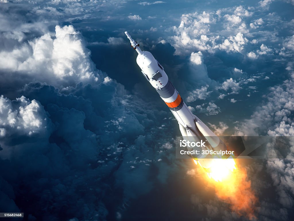Carrier Rocket Launch In The Clouds Carrier Rocket Launch In The Clouds. 3D Scene. Rocketship Stock Photo