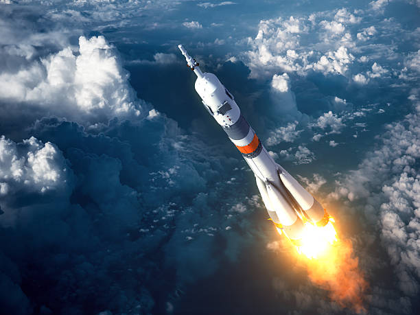 Carrier Rocket Launch In The Clouds Carrier Rocket Launch In The Clouds. 3D Scene. international space station photos stock pictures, royalty-free photos & images