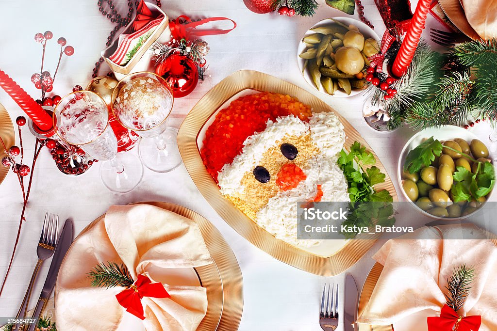 Christmas Santa Claus face salad Christmas Santa Claus face salad serving New Year's table Appetizer Stock Photo