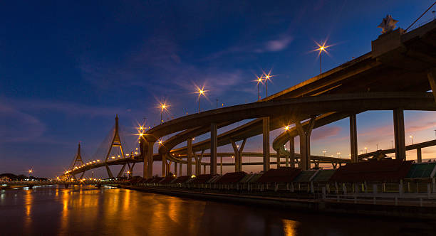 bhumibol bridge - bridge bangkok suspension bridge river - fotografias e filmes do acervo