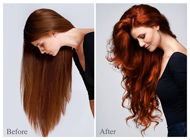 Nourish your hair Studio before and after shot of a beautiful young woman nourish stock pictures, royalty-free photos & images