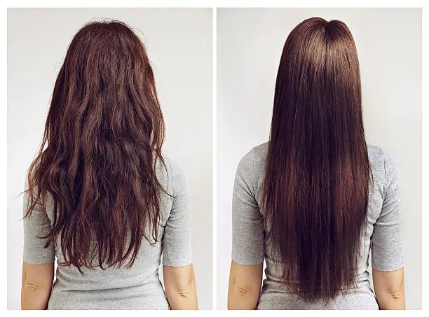 Before and after shot of a woman with curly and straight hair