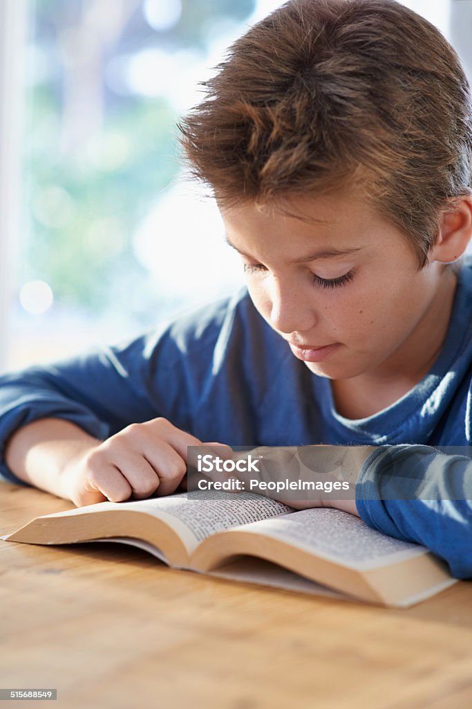 He's really getting into it Shot of a young boy reading a book at a table 10-11 Years Stock Photo